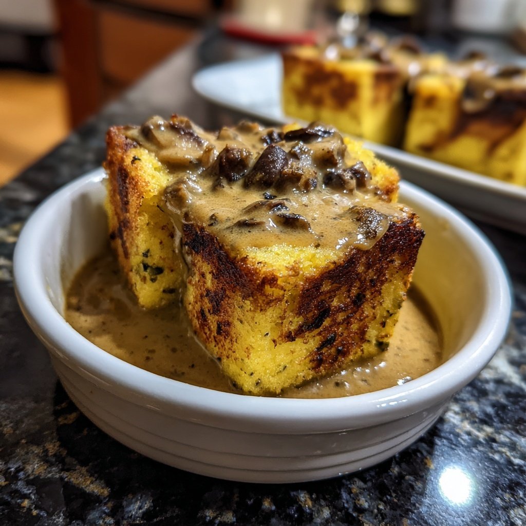 Gebratene Polenta-Würfel mit Pilzragout