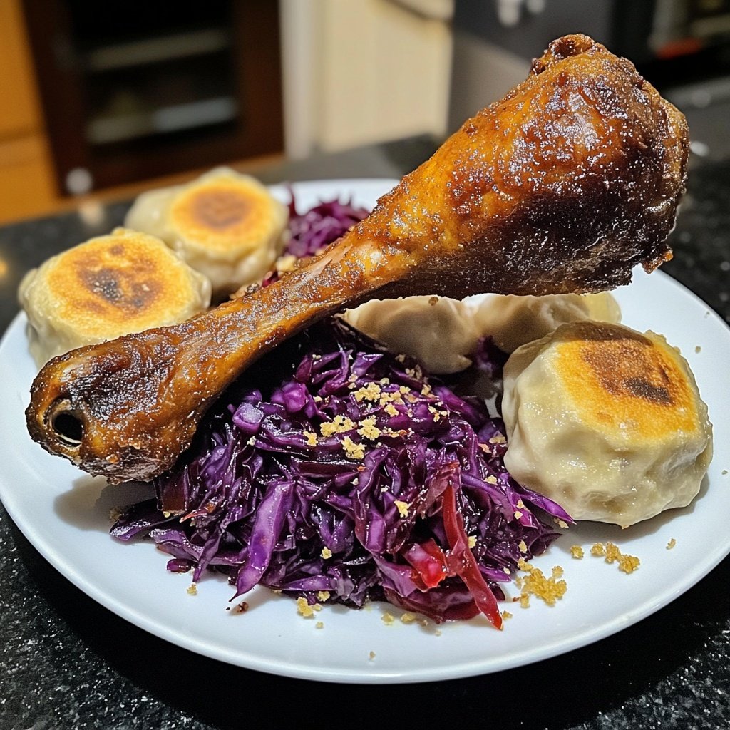 Vegane Entenkeulen mit Rotkraut und Klößen
