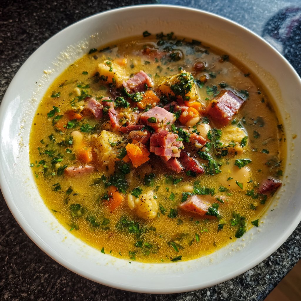 Schinken-Bohnen-Suppe mit Knoblauchbutter